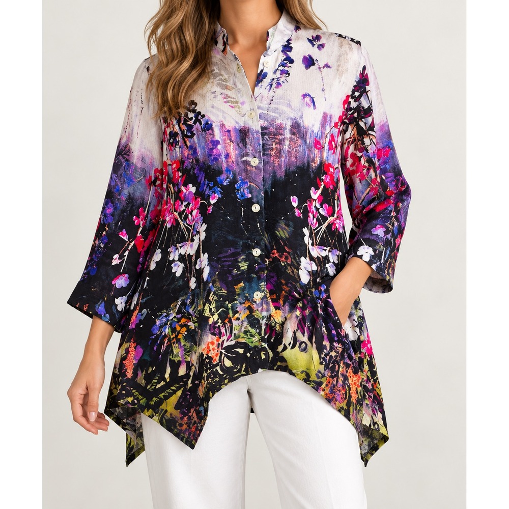 Citron Santa Monica Silk Tunic Large White Floral Art Print Button Front Blouse